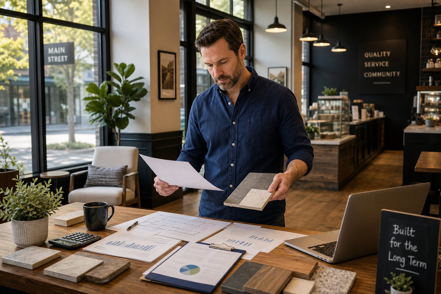 Business owner reviewing plans in a well-maintained commercial property designed to suggest long-term value and ownership.