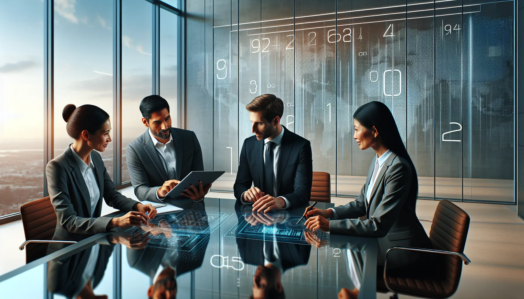 diverse professionals discussing numbers in a modern office.