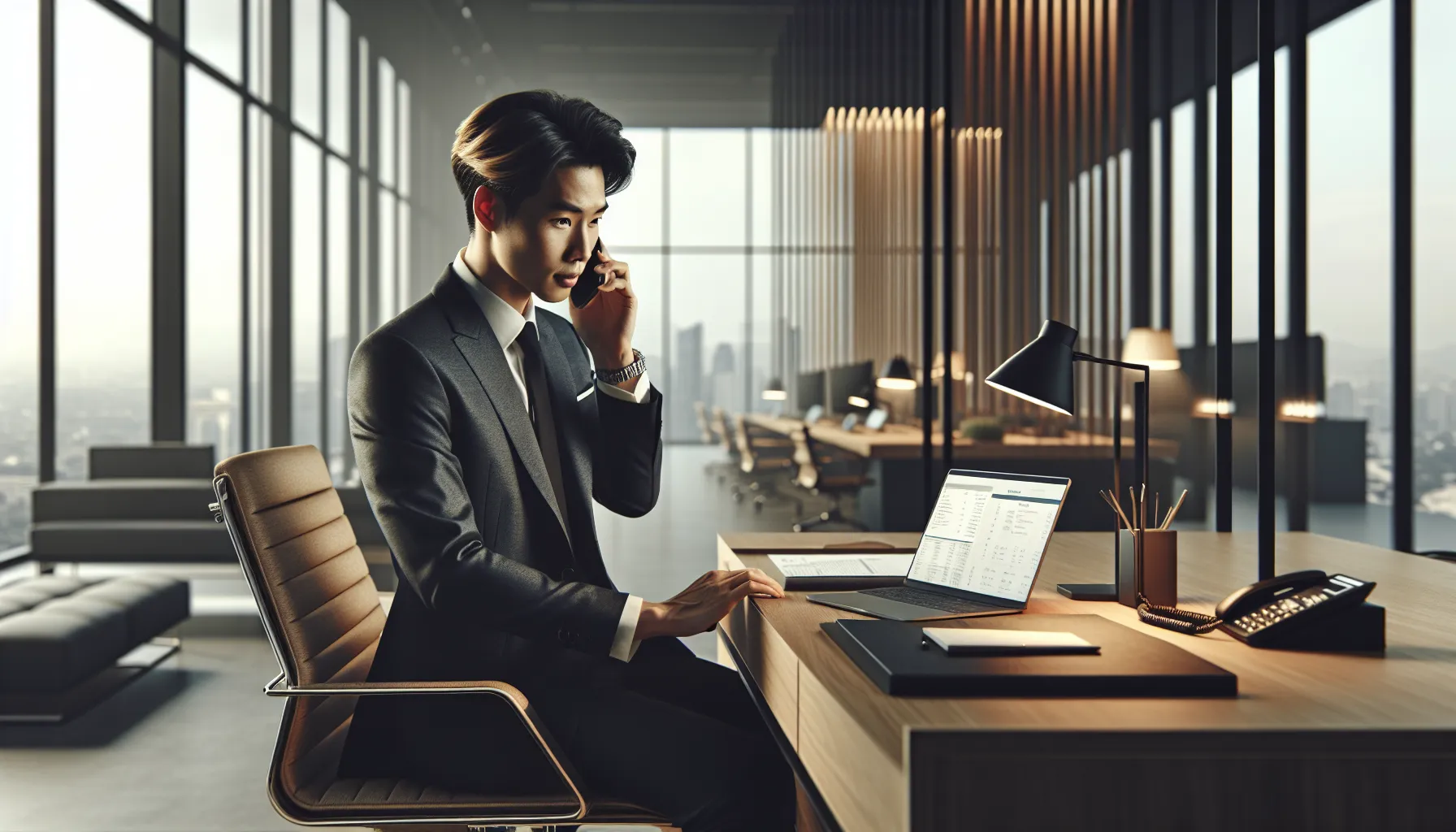 person on the phone in a modern office setting.