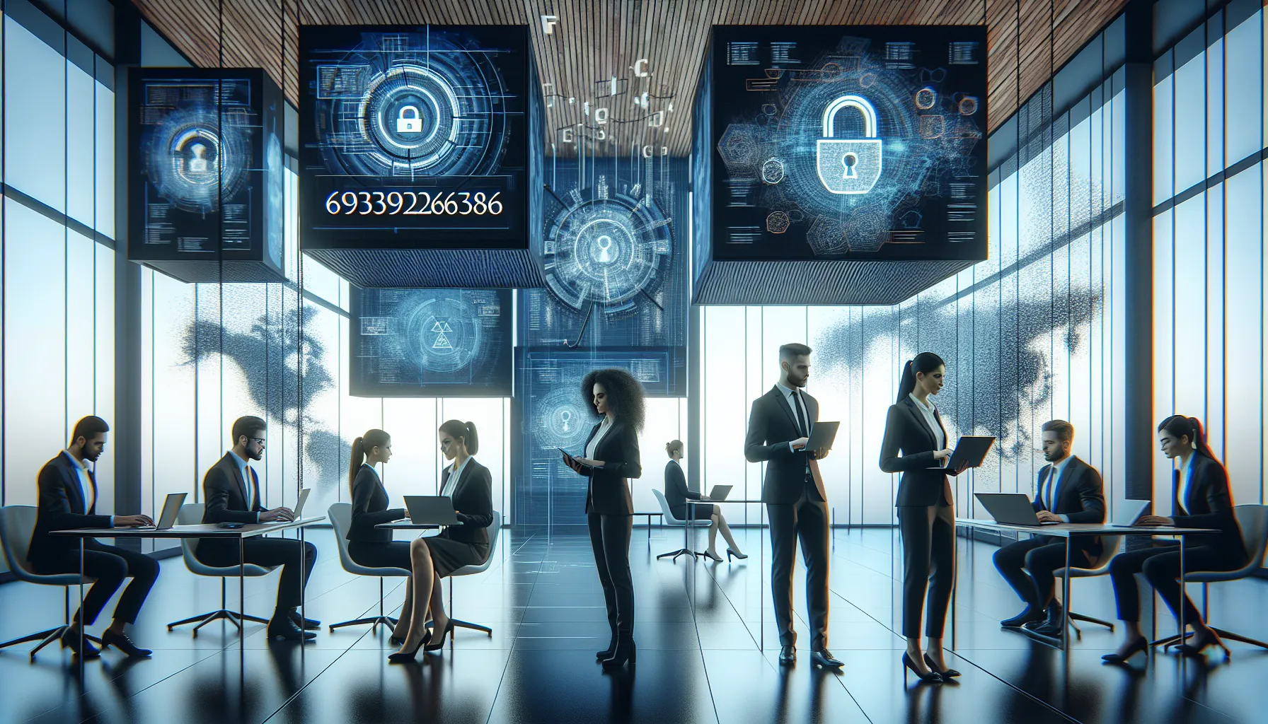 diverse team discussing cybersecurity in a modern office.