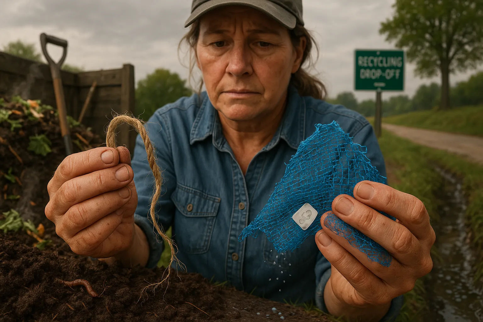 Farmer comparing frayed natural twine and torn blue plastic mesh over soil