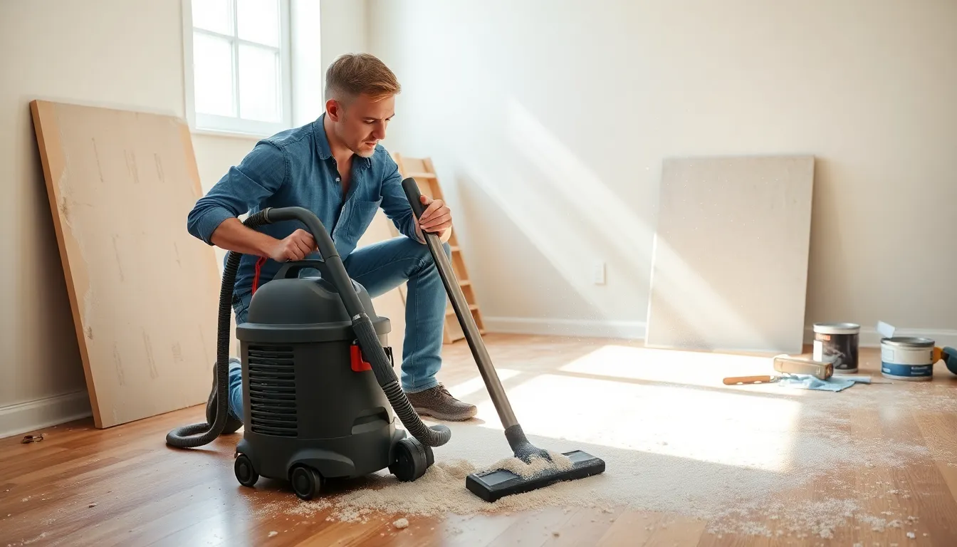 a man cleaning dust and debris in a renovated room.