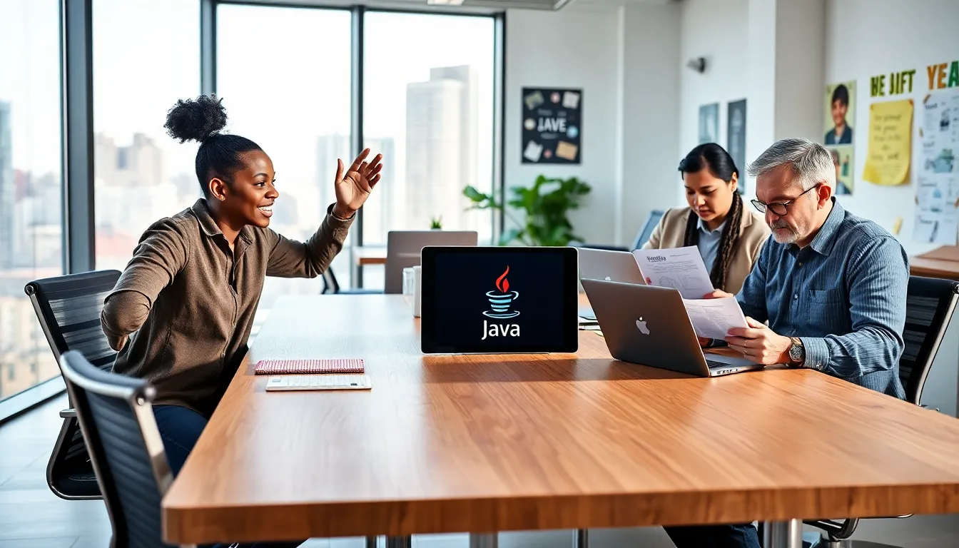 a diverse team of developers collaborating on Redwebzine Java in a modern office.