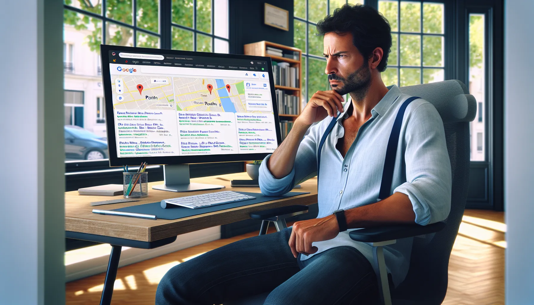 Pantin small business owner studying Google local search results on computer.