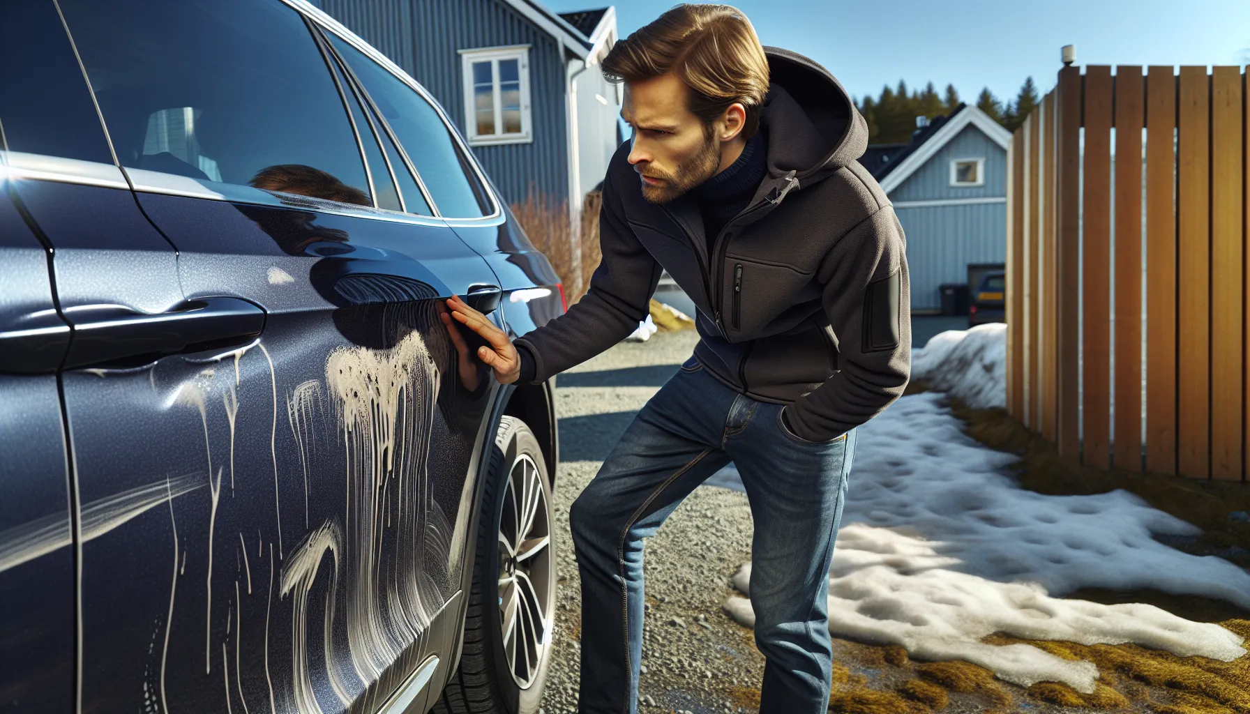 Norwegian car owner inspecting paint swirls, stone chips and salt damage in sunlight.