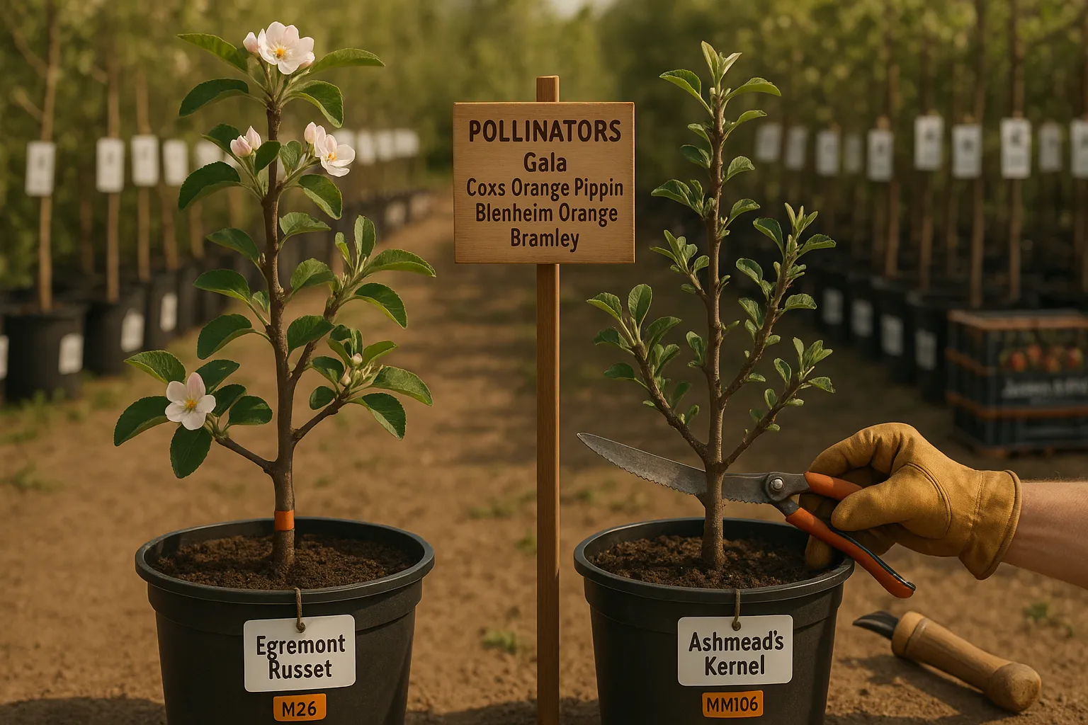 Two labeled grafted apple trees showing different growth habits and rootstocks.