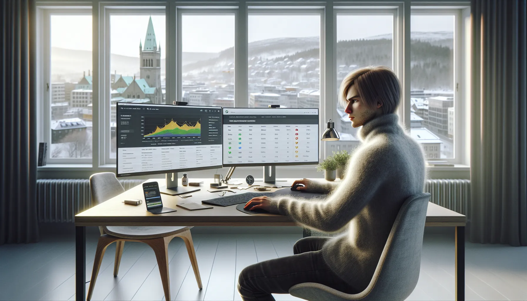 Seo specialist analyzes crawls and core web vitals in a nordic office.