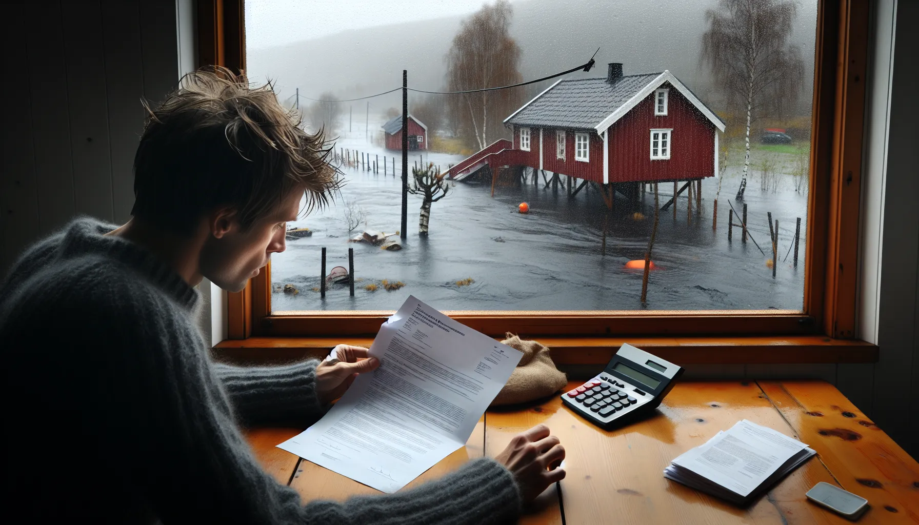 Norwegian homeowner reviews higher insurance bill as floodwaters rise outside.