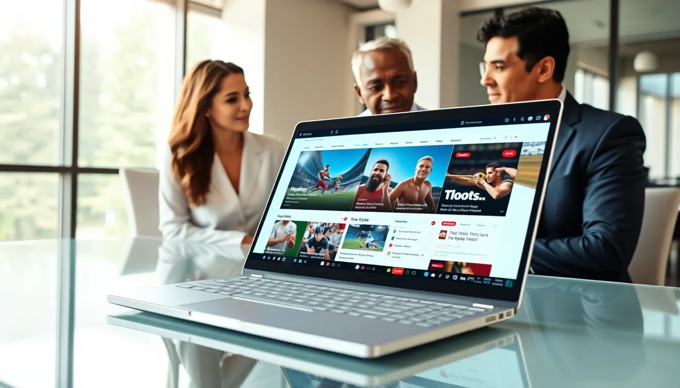 a sports news website displayed on a laptop in a bright office.