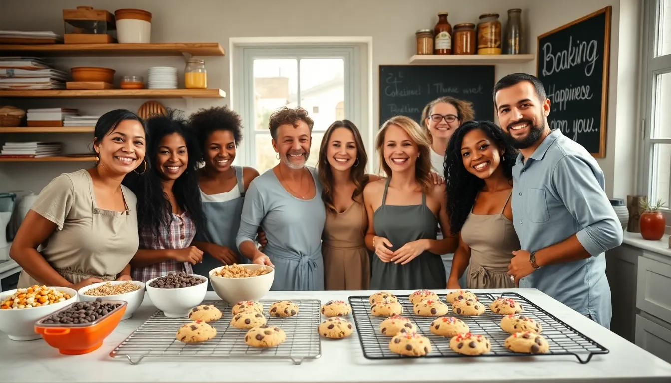 diverse bakers creating cookies in a warm, inviting kitchen.