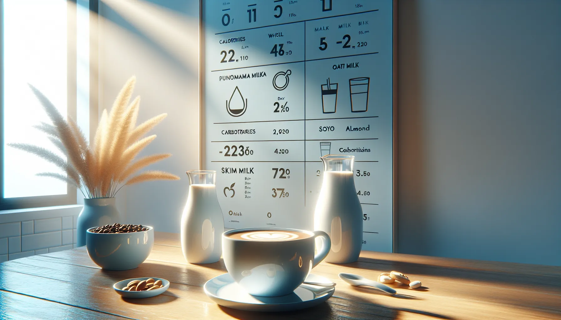 Cup of bijela kava with whole and skim milk and a nutrition chart.