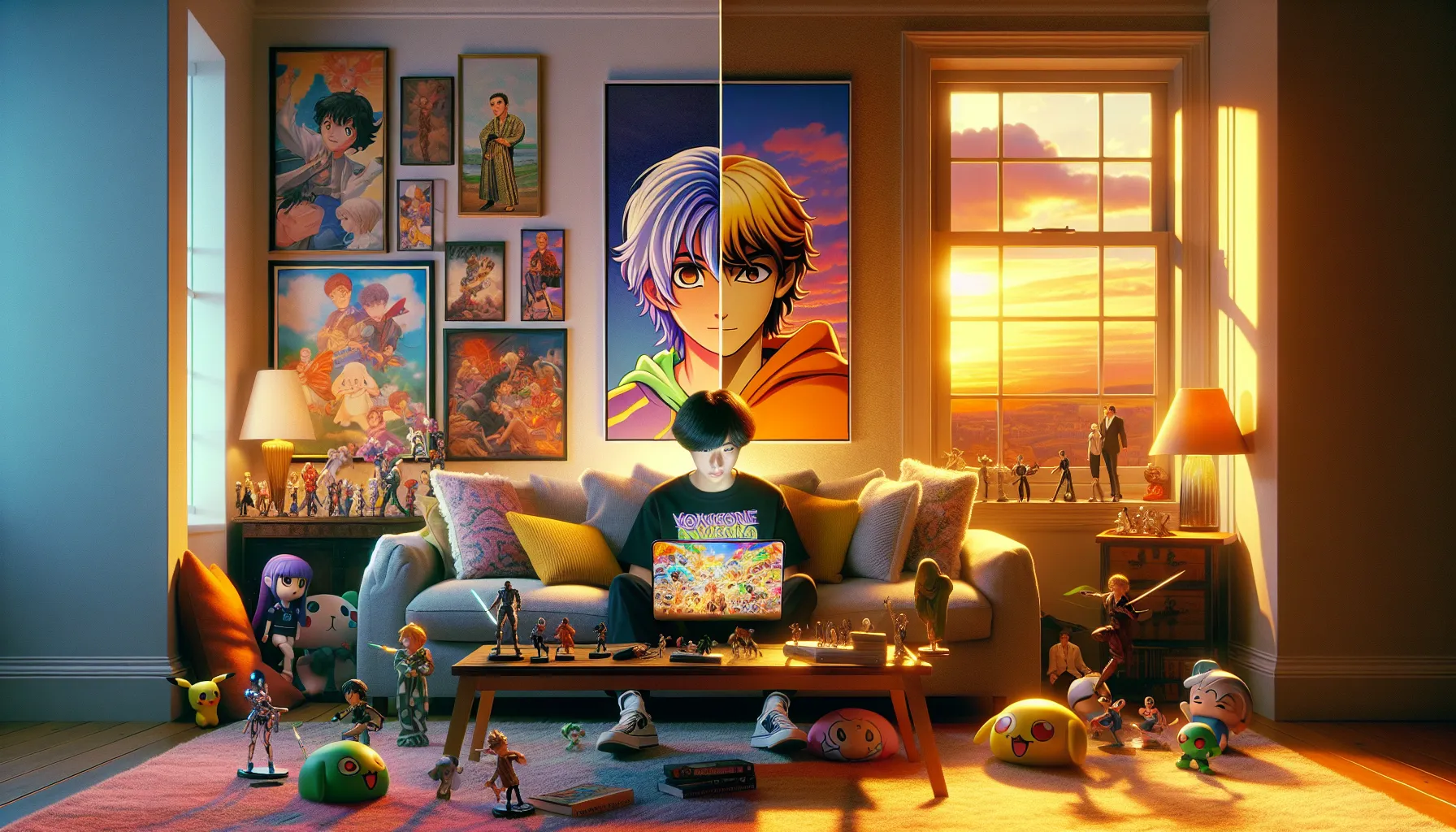 A split-screen showing anime on one side and cartoons on the other.