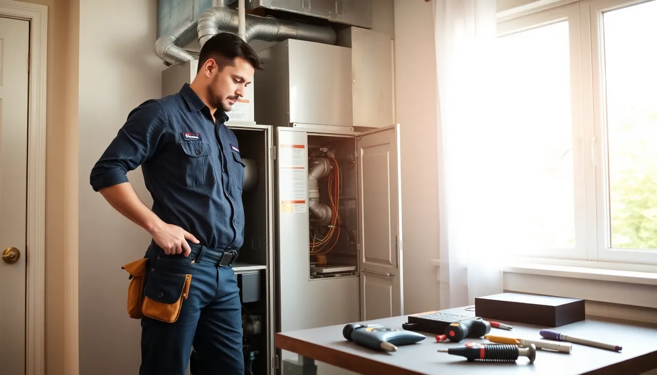 HVAC technician servicing a gas furnace in a modern home utility room.