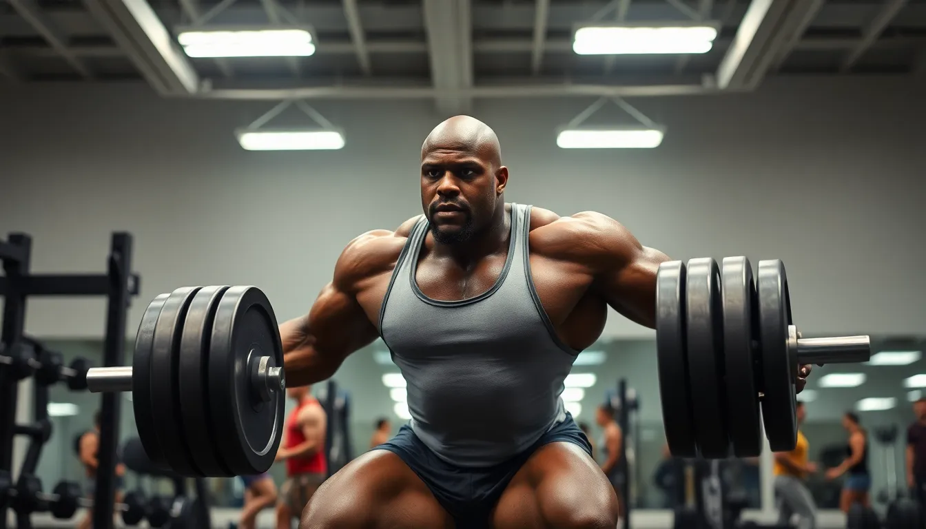 bodybuilder performing heavy squats in a modern gym.
