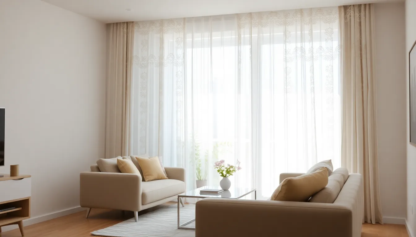 Modern living room with net curtains filtering natural light.