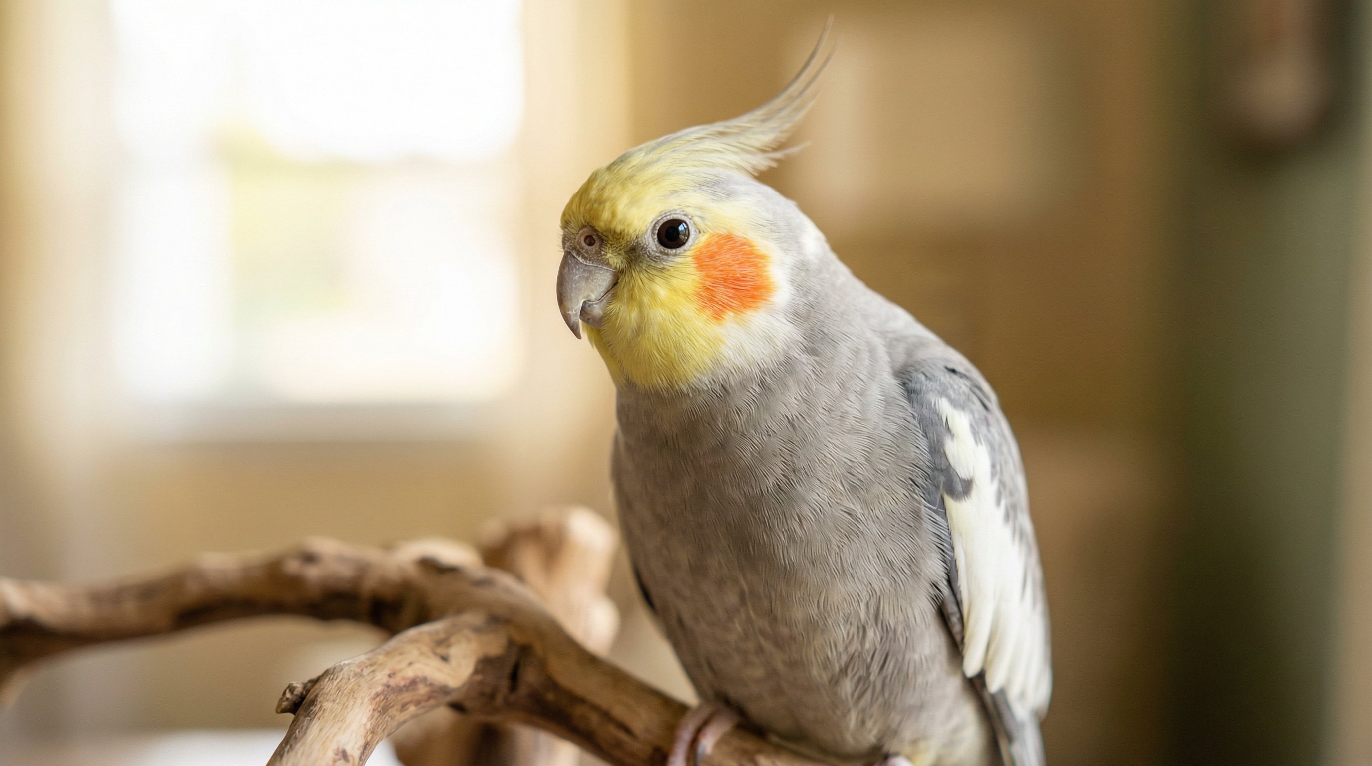 Close-up portrait of a gray cockatiel with bright eyes and raised crest.
