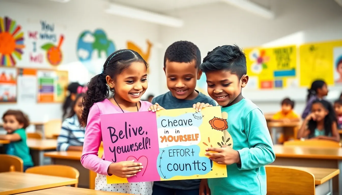 children collaborating on motivational quotes in a bright classroom.