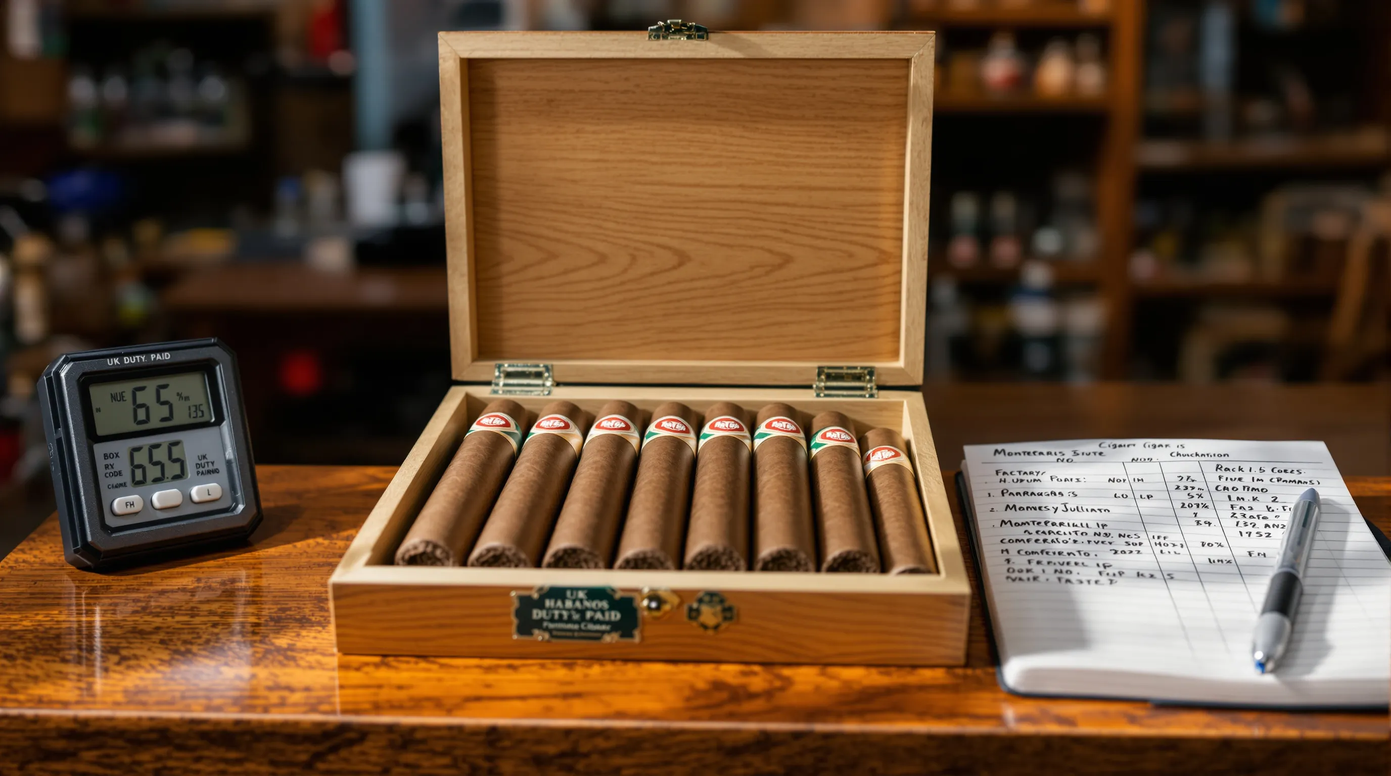 UK tobacconist inspects duty‑paid Cuban cigar box with hygrometer at 66% RH.