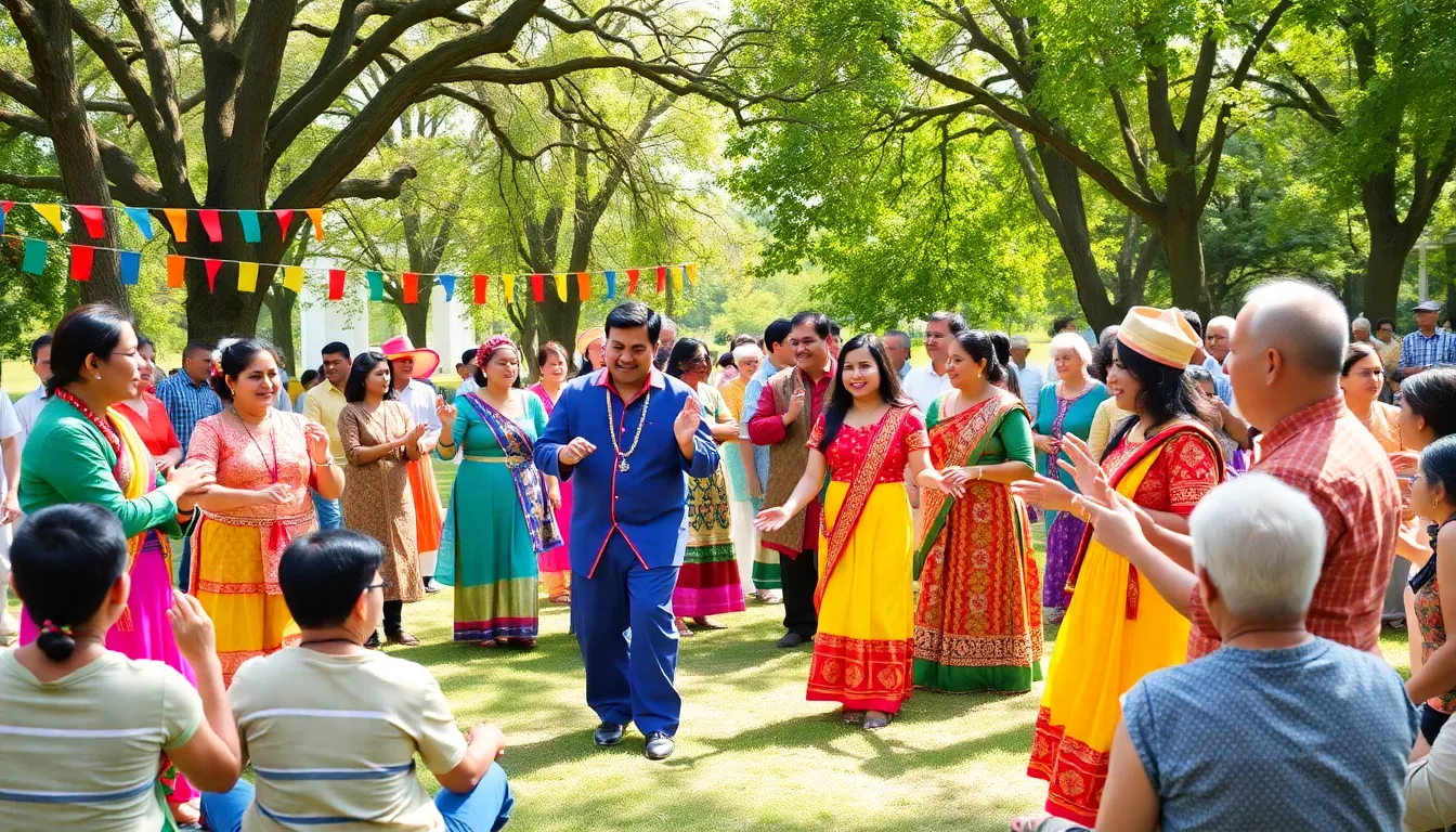 Diverse group celebrating eringimgams in a sunny park setting.