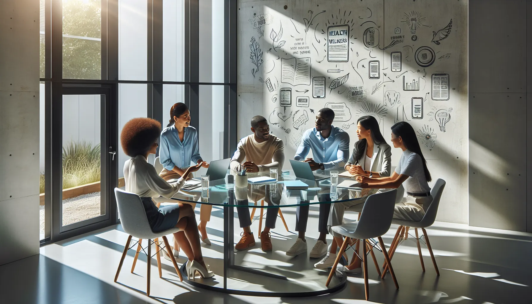 diverse group collaborating in a modern office on health education.