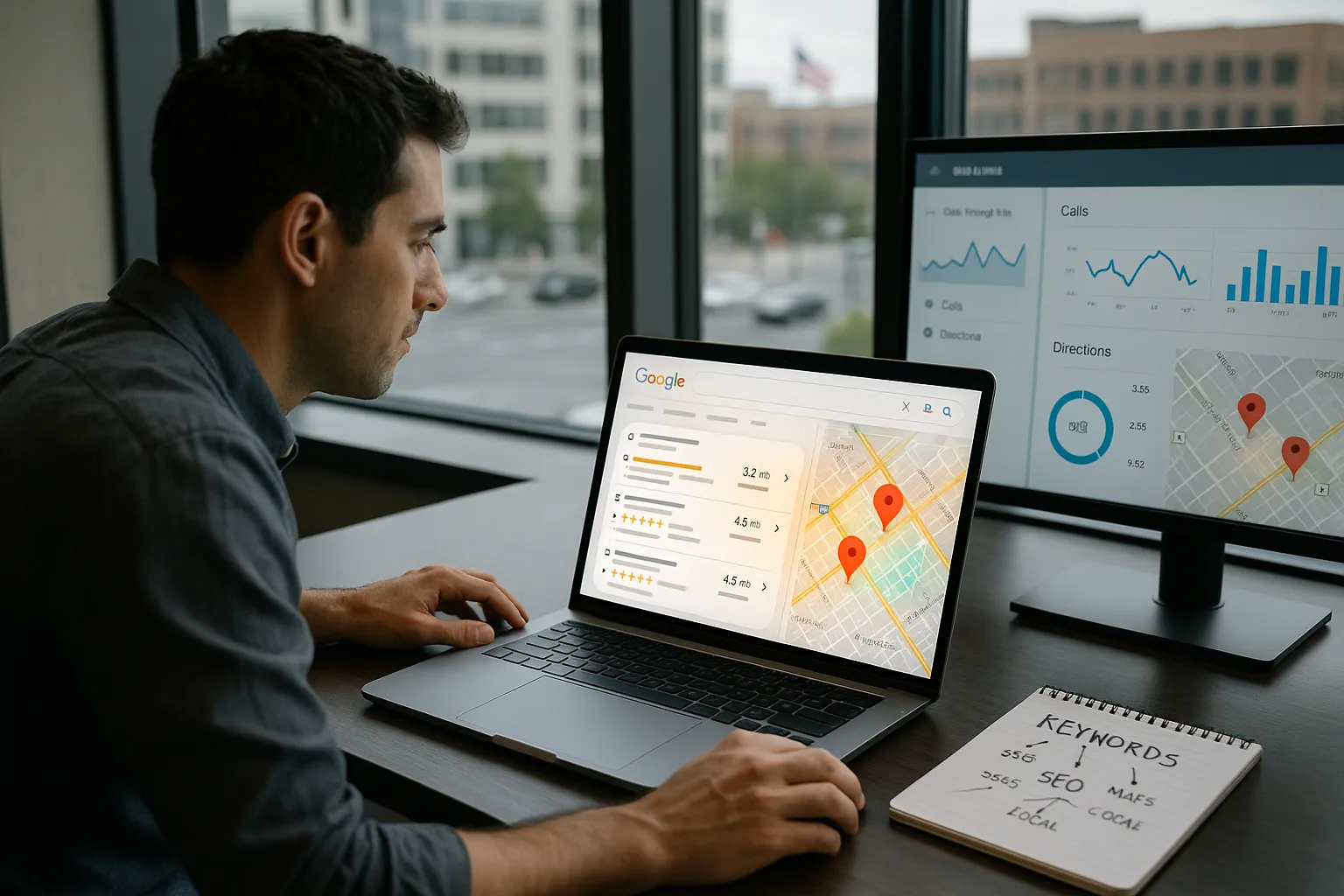 Marketer analyzing Google Maps Local Pack results for local SEO on dual monitors.