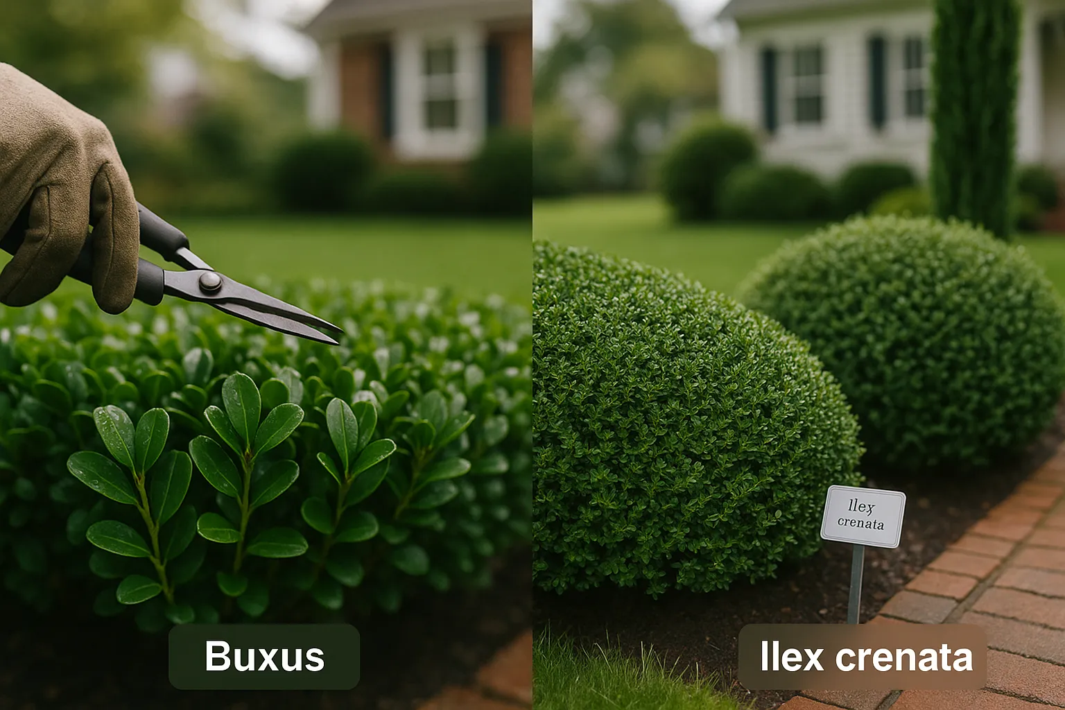 Side-by-side boxwood and Ilex crenata hedges showing leaf and form differences.