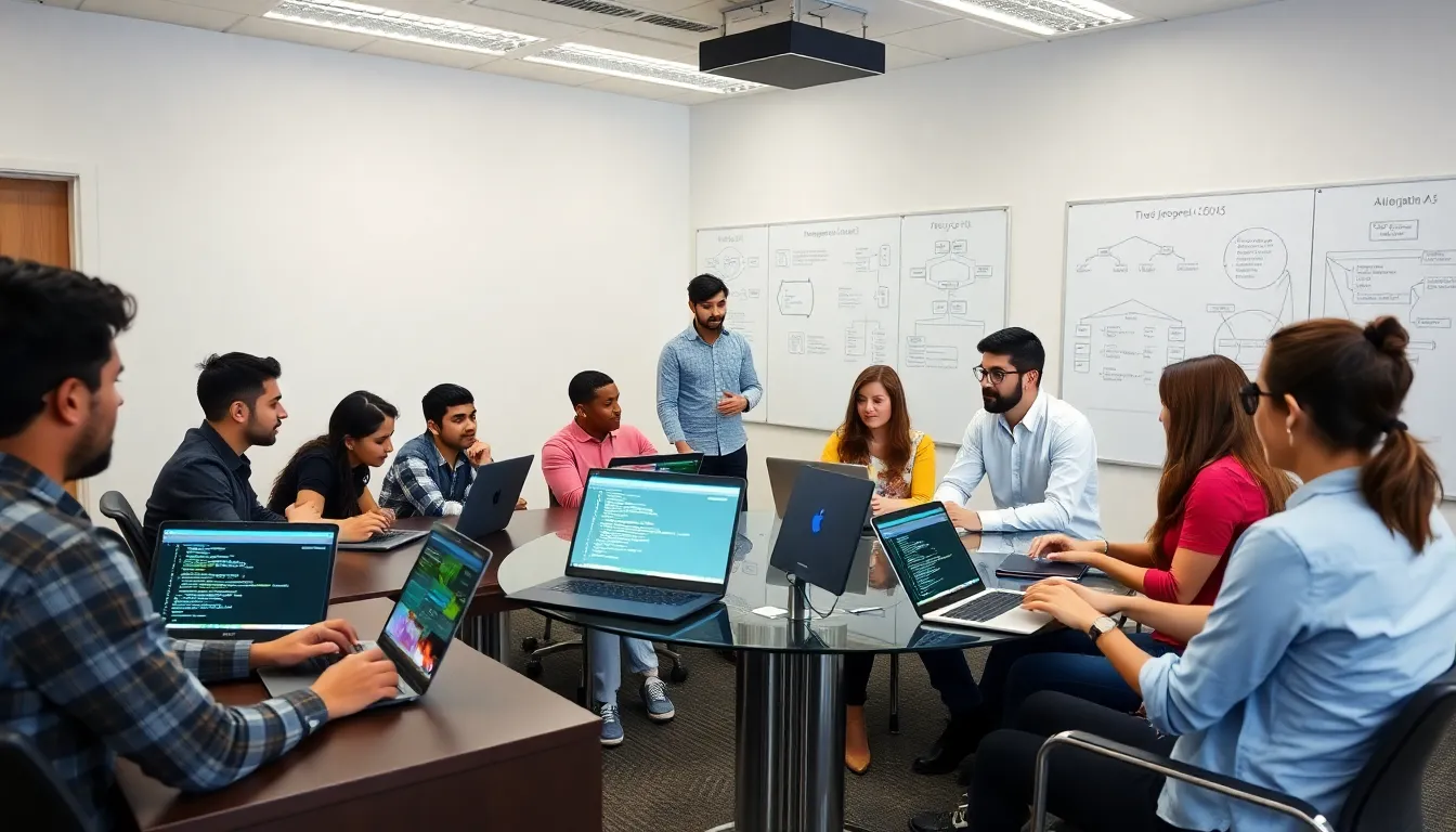 diverse students learning Alg programming in a modern classroom.