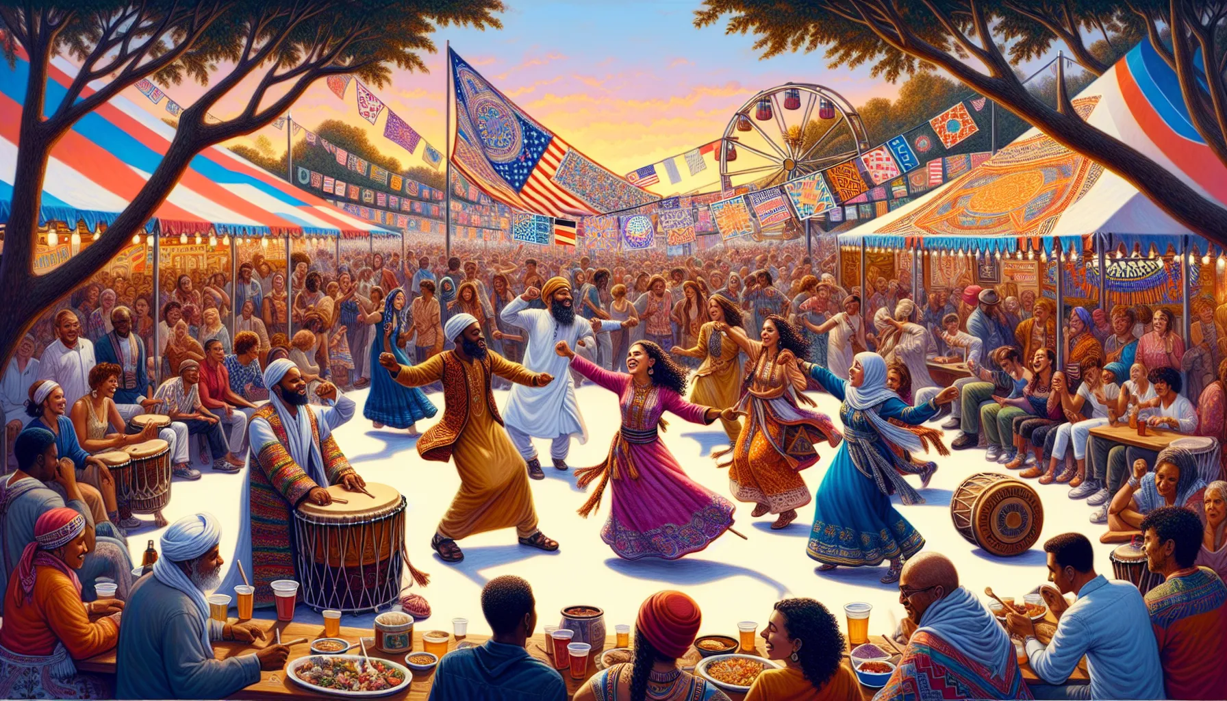 diverse group dancing joyfully at a cultural festival.