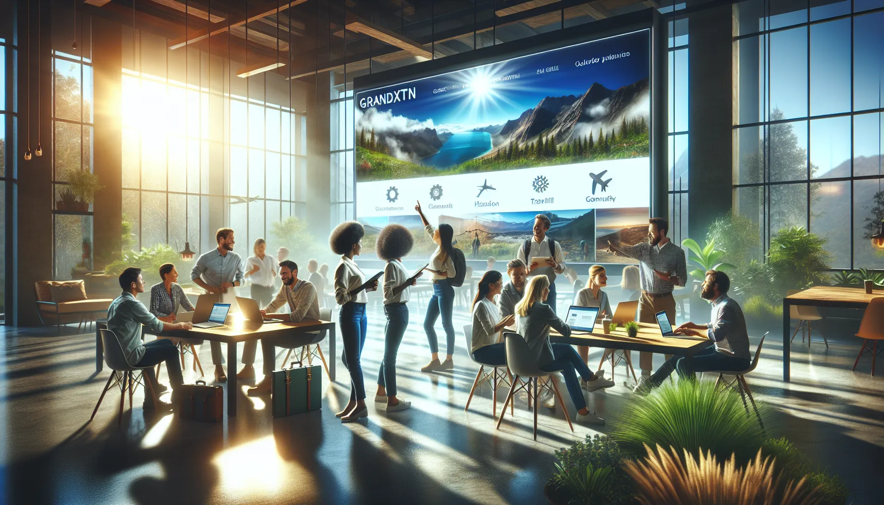 diverse professionals collaborating in a modern office for adventure planning.