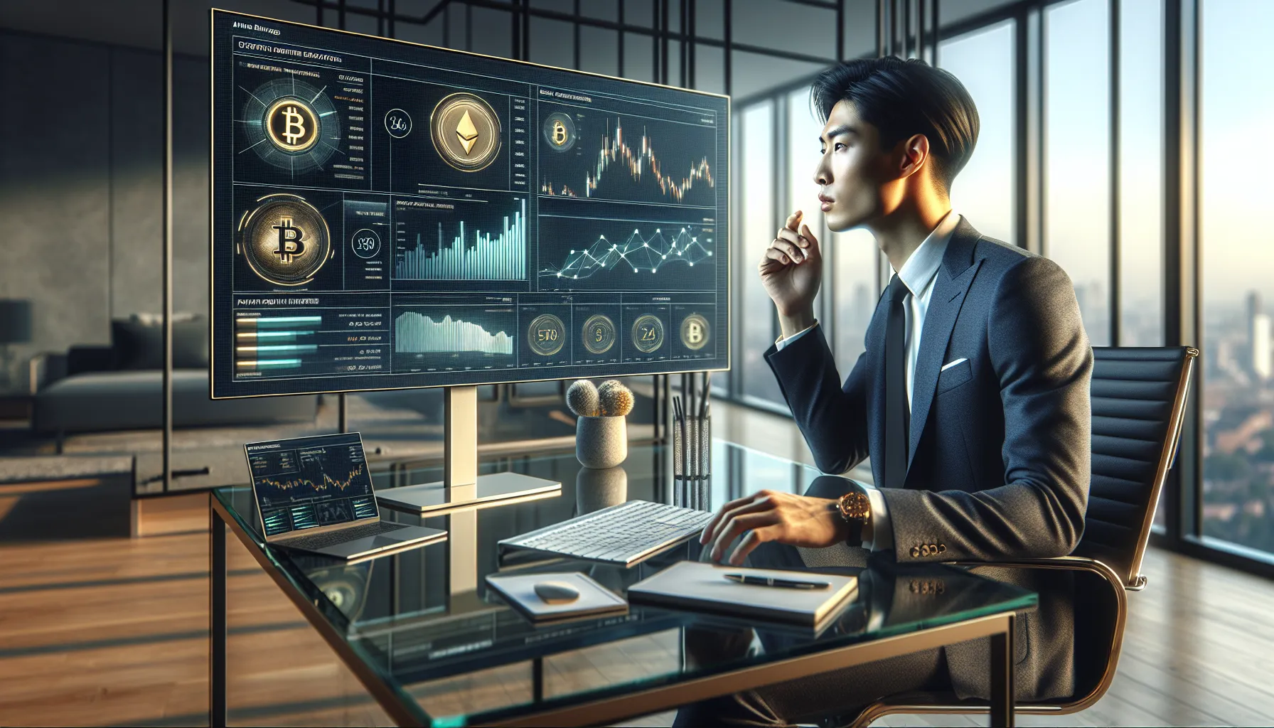 Professional analyzing cryptocurrency earning dashboard in modern UK office workspace.