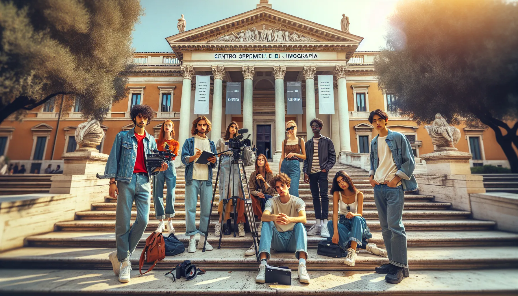 Film students outside a Roman university building on a sunny day.
