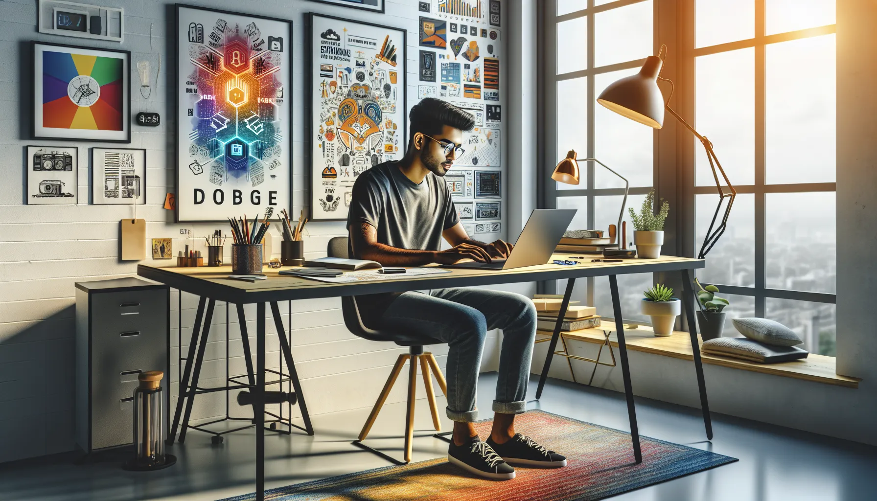 a young professional at a modern workspace engaging with a laptop.