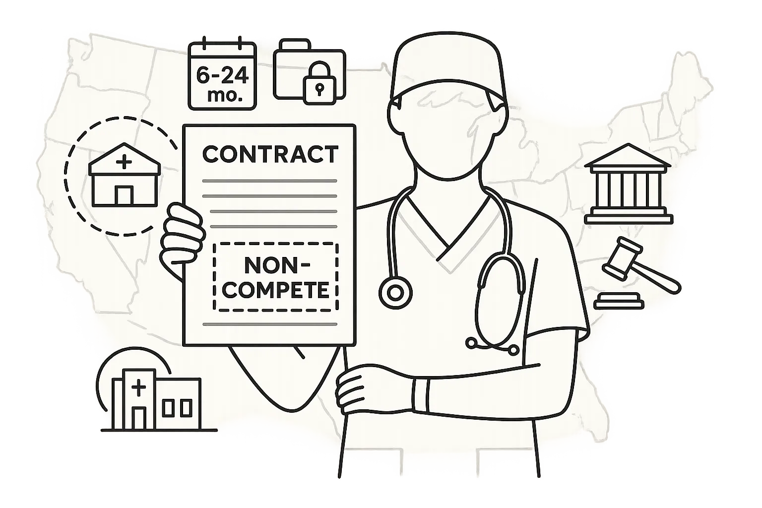 Nurse practitioner holding a contract with highlighted non‑compete clause and courthouse
