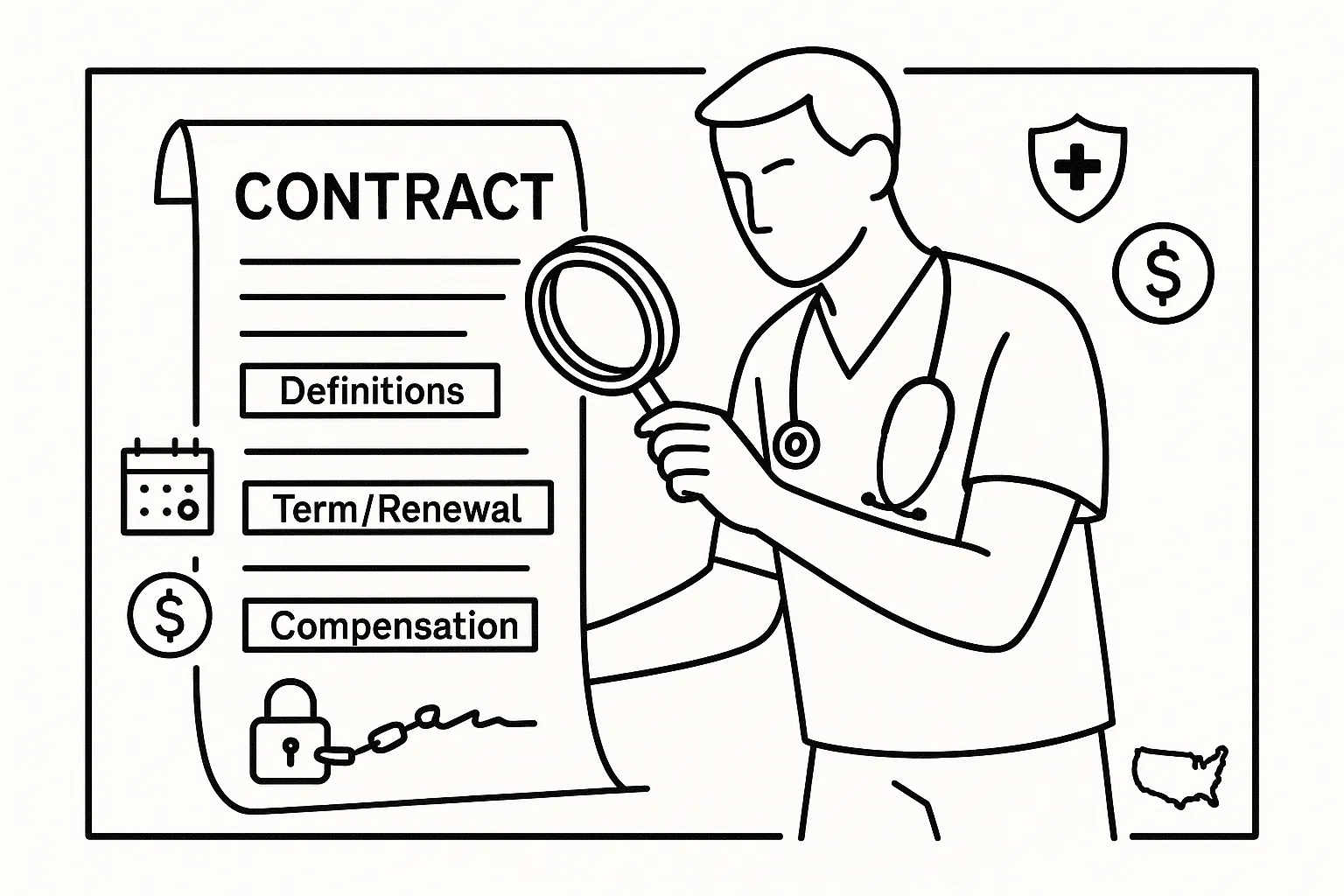 A PA in scrubs examining a contract with magnifying glass and clause icons.