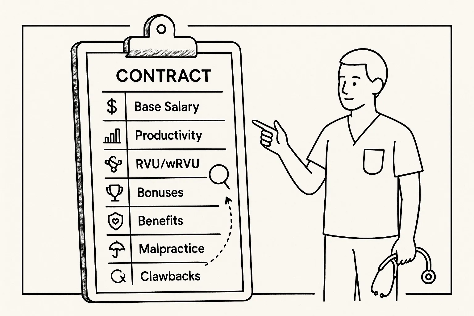 Line art of a nurse practitioner pointing at a labeled compensation contract.