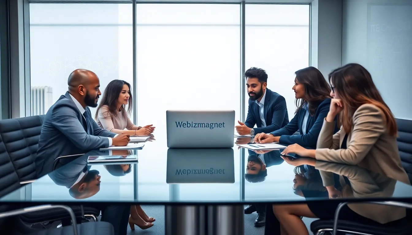 diverse professionals discussing Webbizmagnet Hardware in a modern office.
