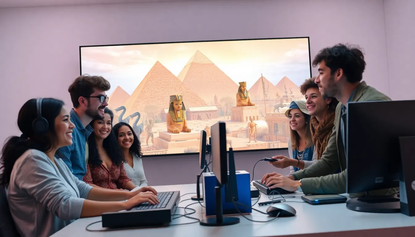 diverse group of gamers exploring Ancient Egypt in a modern gaming setting.