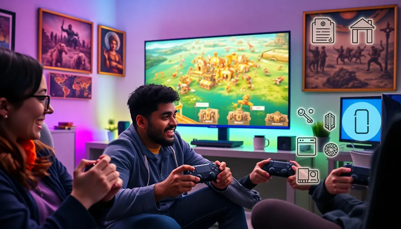 three diverse gamers intensely playing Age of Empires 4 on a PS5.