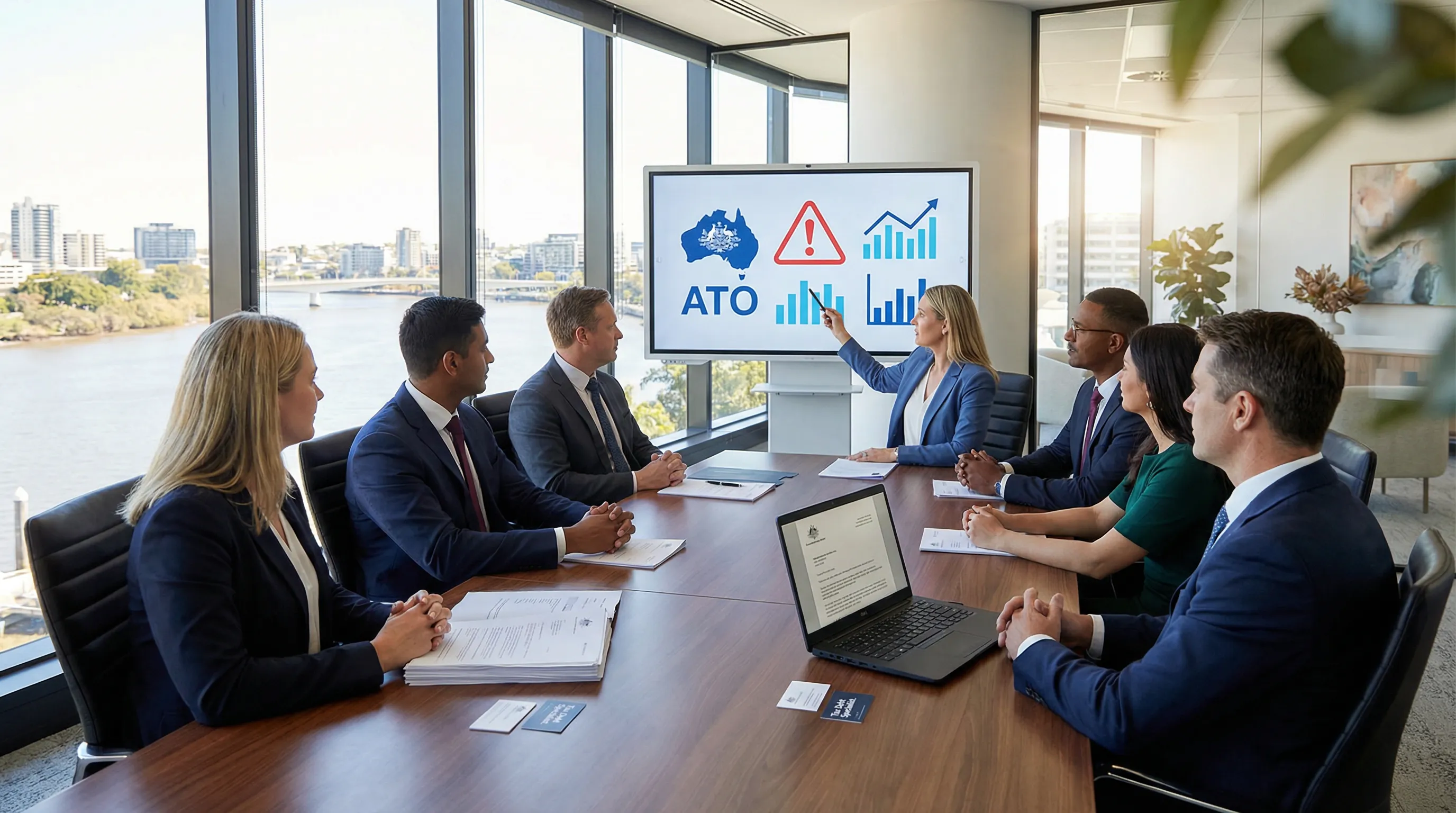 Australian professionals meeting about ATO tax debt solutions in a modern office.