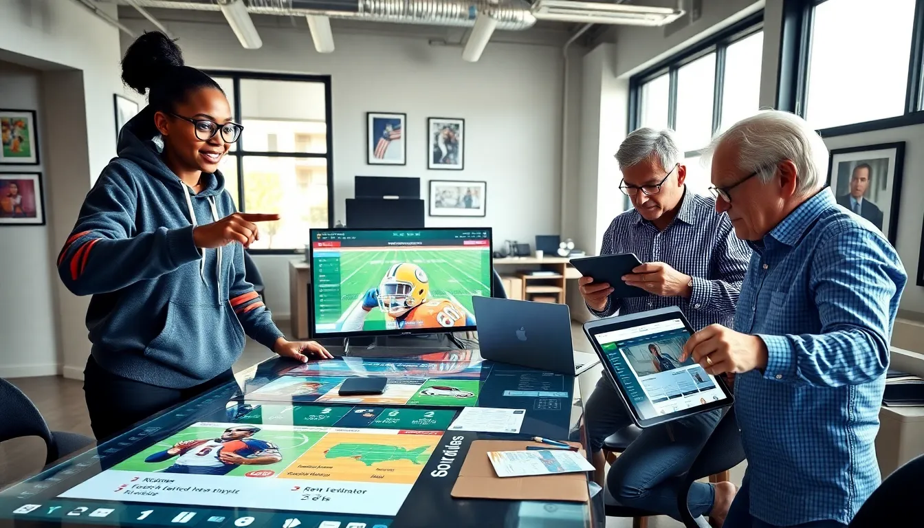 sports writers collaborating in a modern office setting.