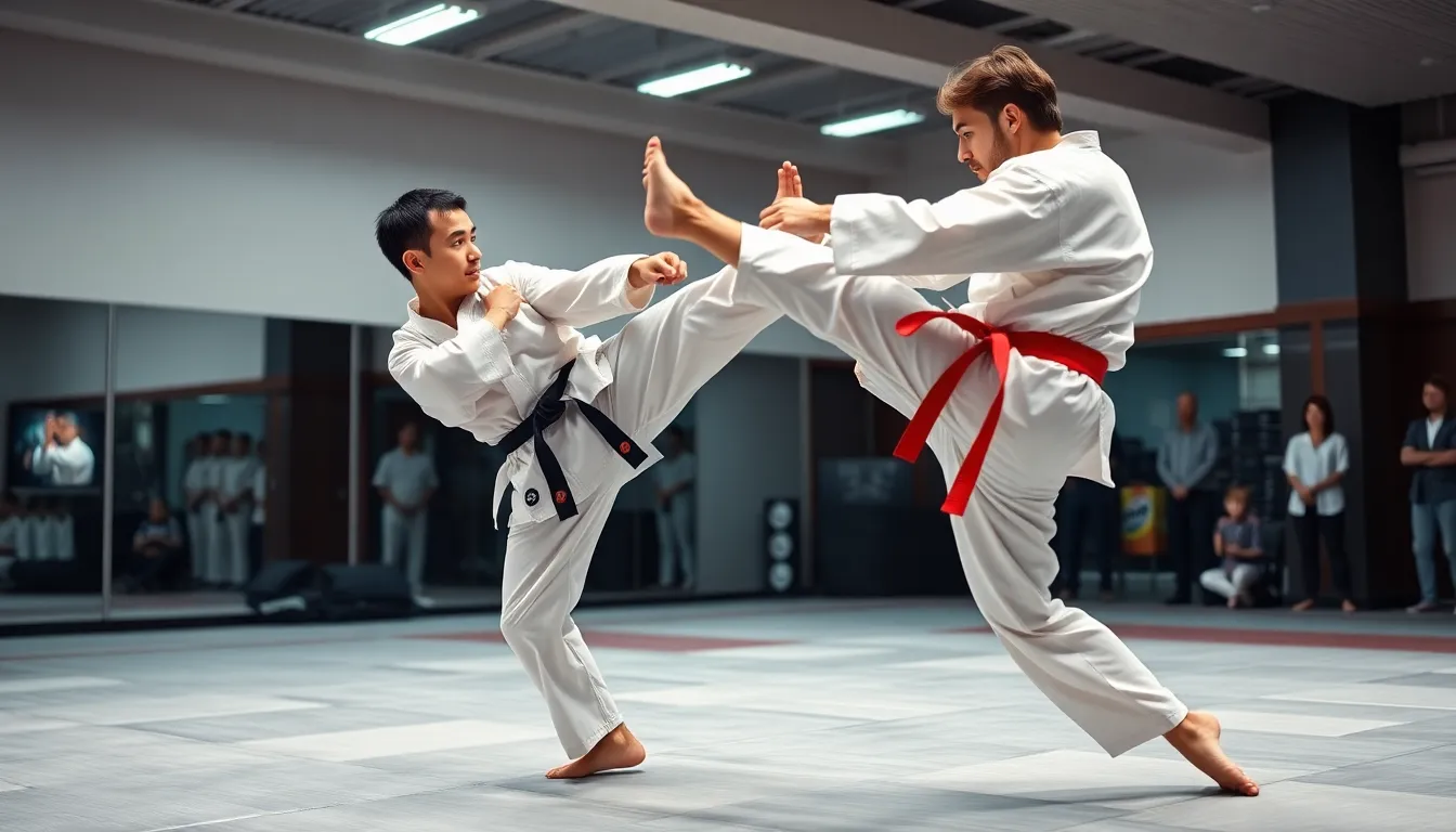 two taekwondo competitors engaged in an energetic bout in a dojo.