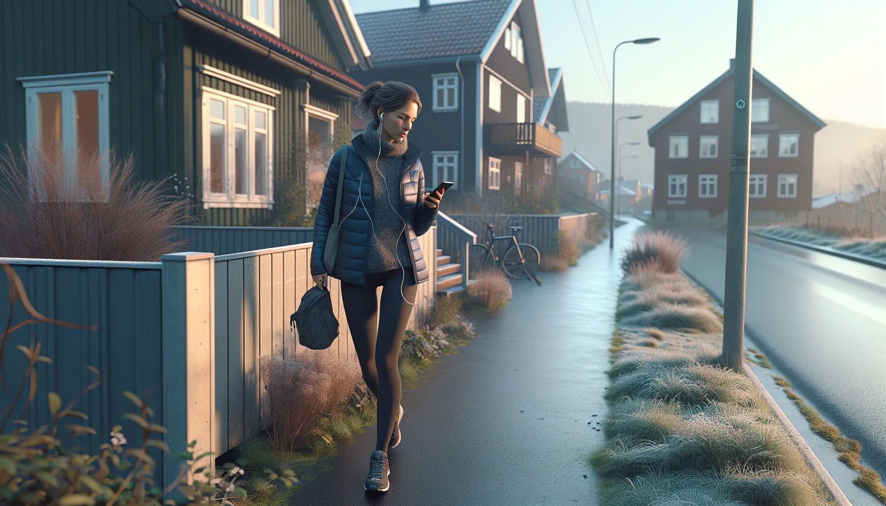 Young woman on a short morning walk in a norwegian neighborhood, planning outdoor goals.