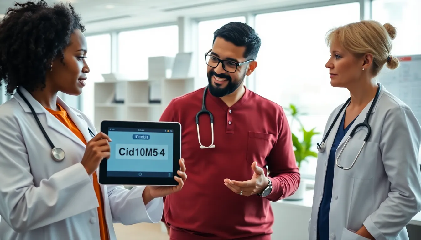 healthcare professionals discussing medical classification in a modern office.