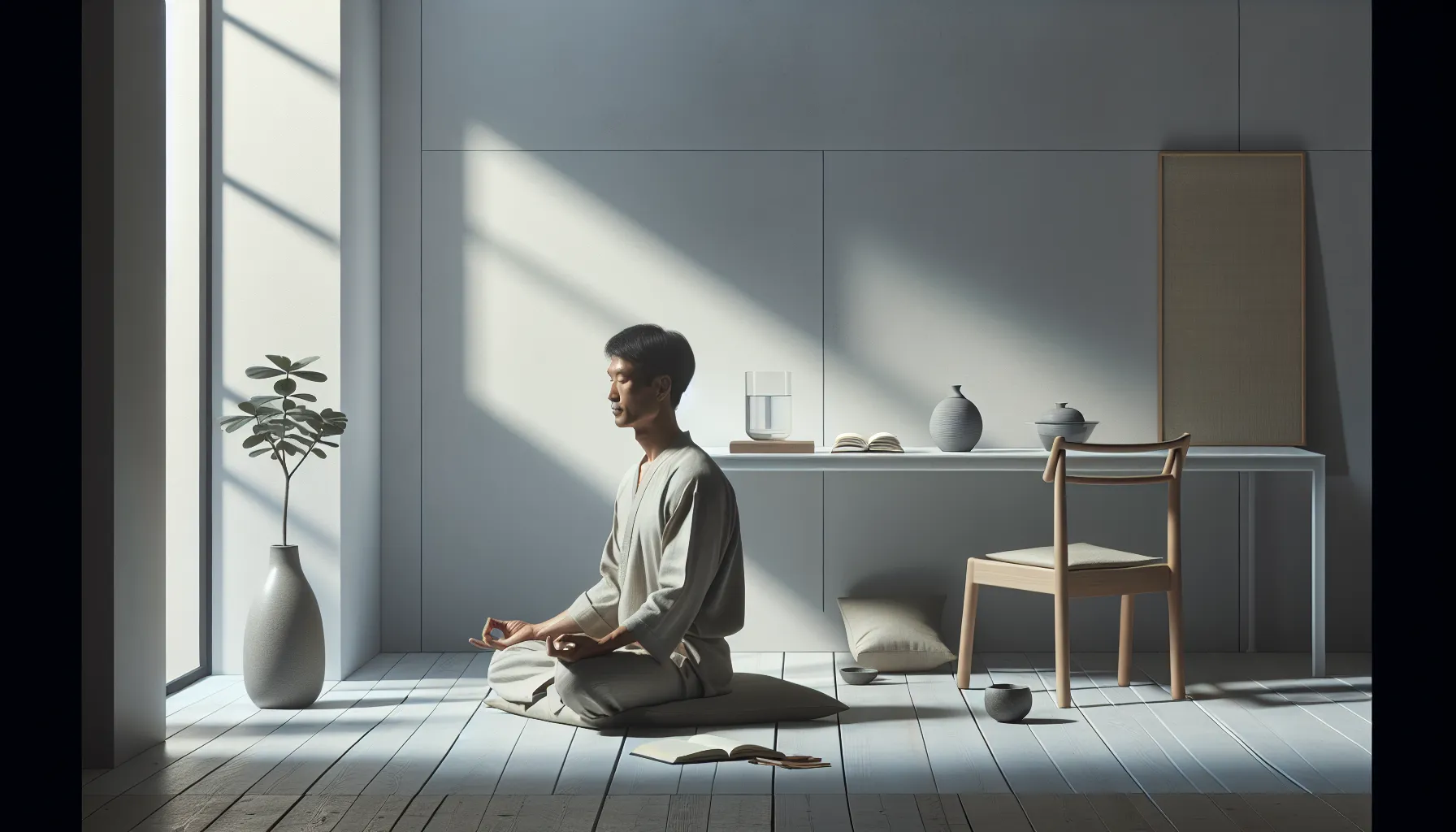 person practicing asceticism in a minimalist workspace.