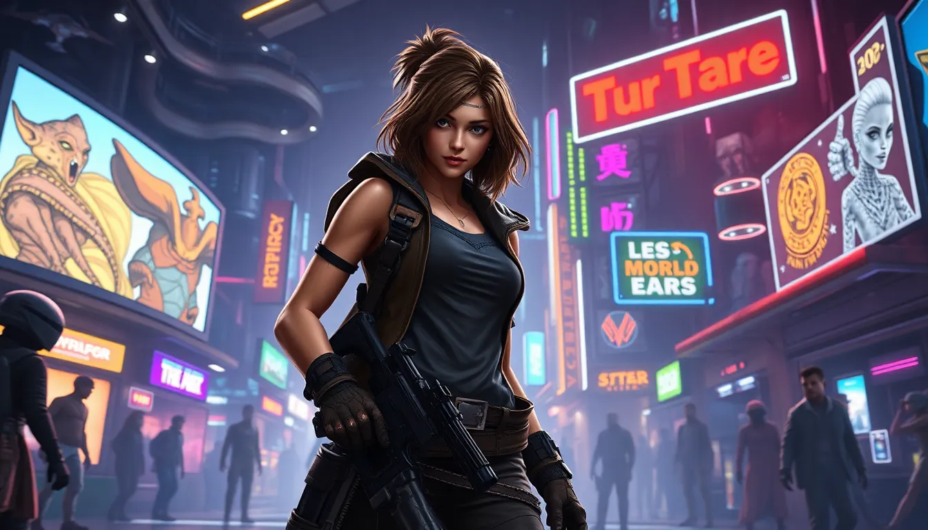 female smuggler in a futuristic Star Wars urban setting.