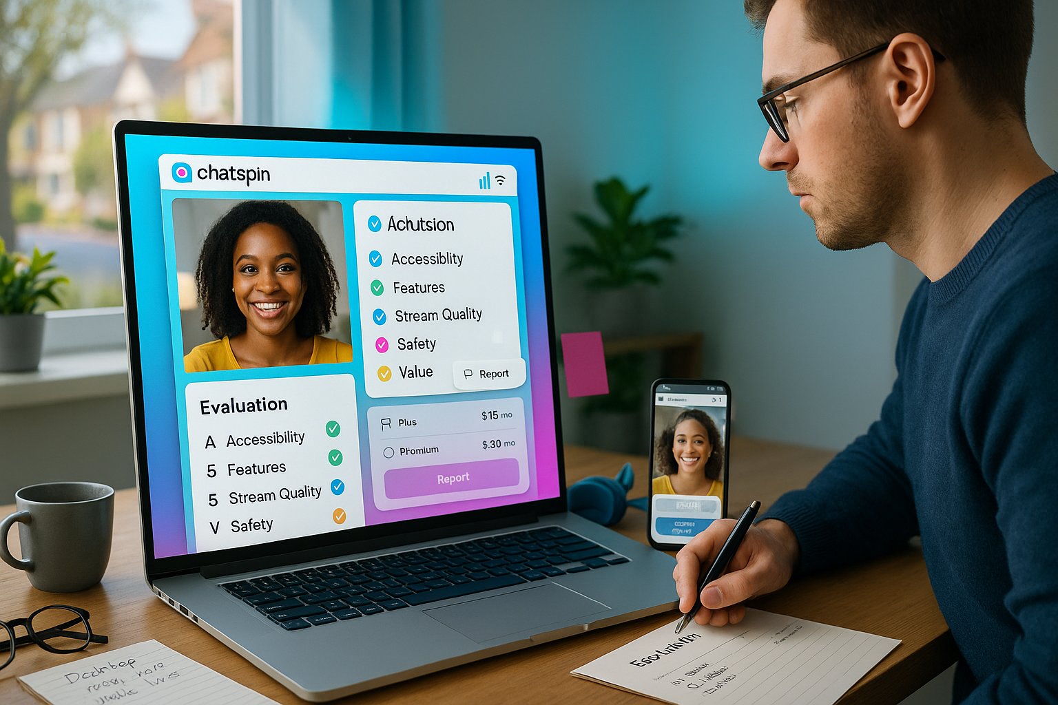 Reviewer testing Chatspin on laptop and phone with checklist and brand colors.