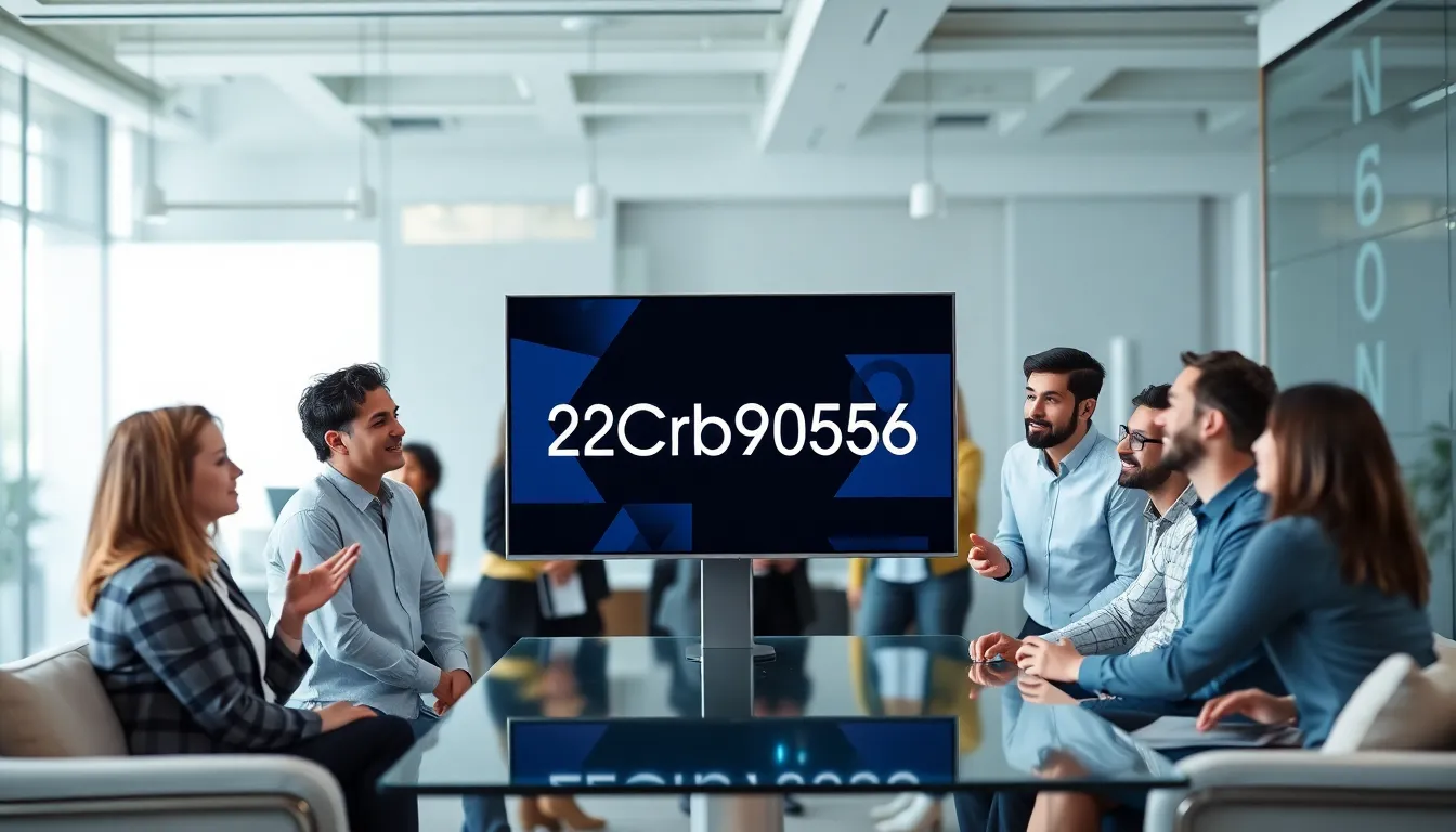 professionals discussing technology in a modern office setting.