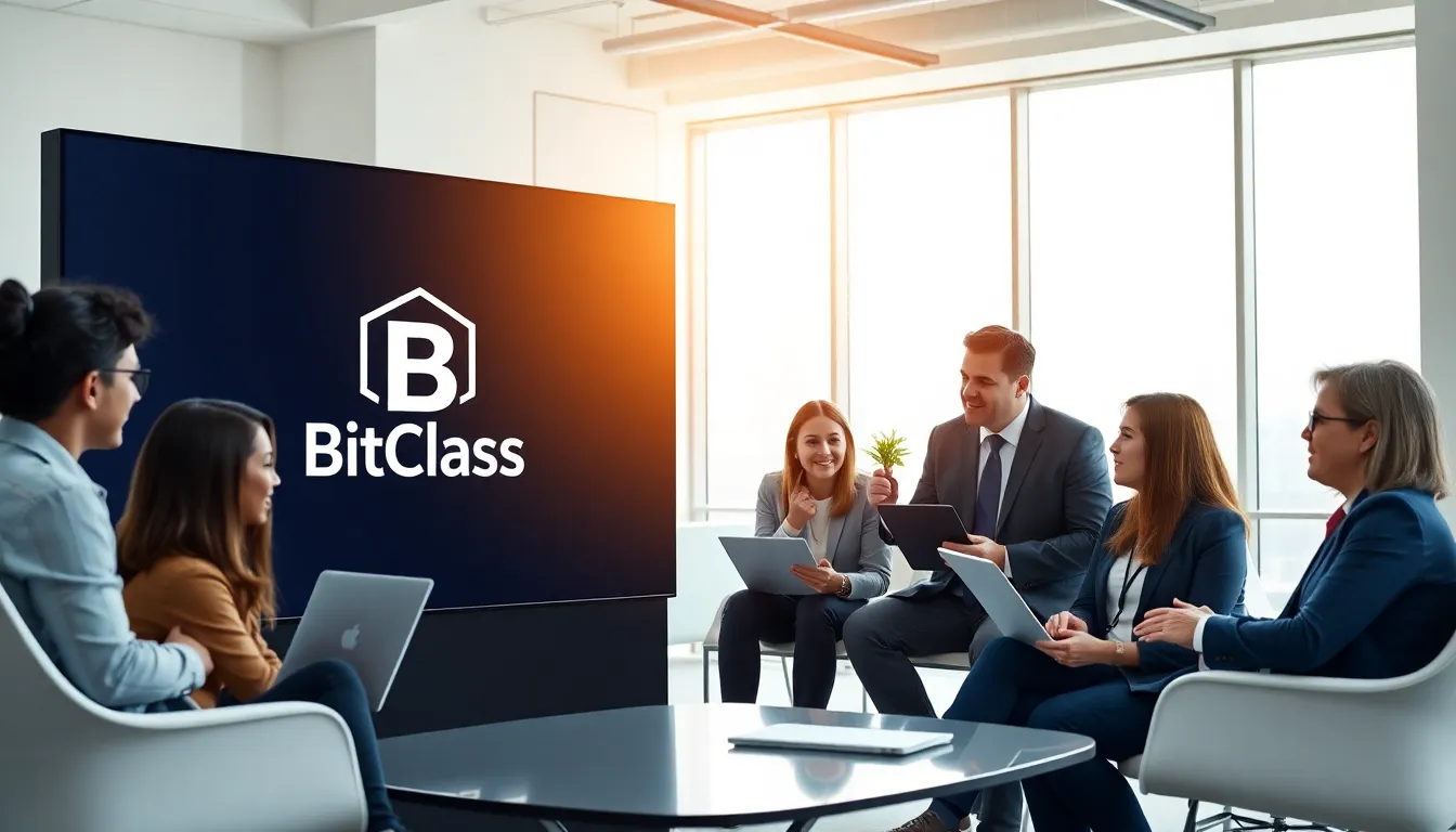 professionals discussing blockchain technology in a modern office.