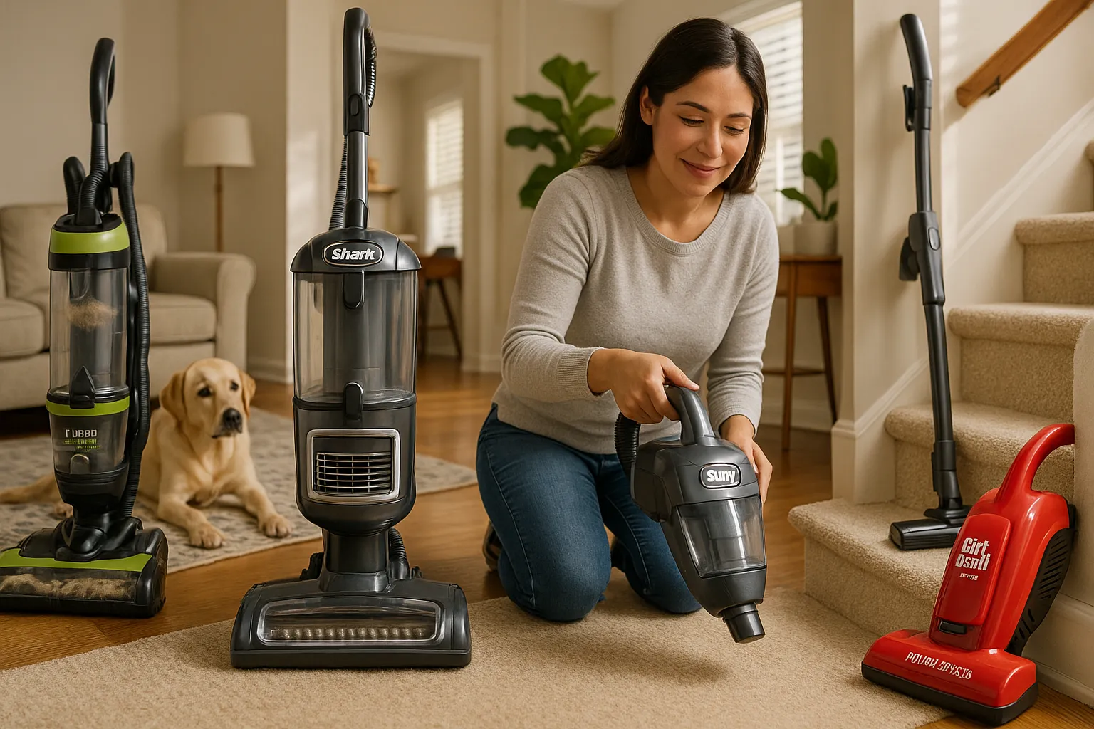Woman using Shark Lift-Away on stairs surrounded by five budget vacuums.