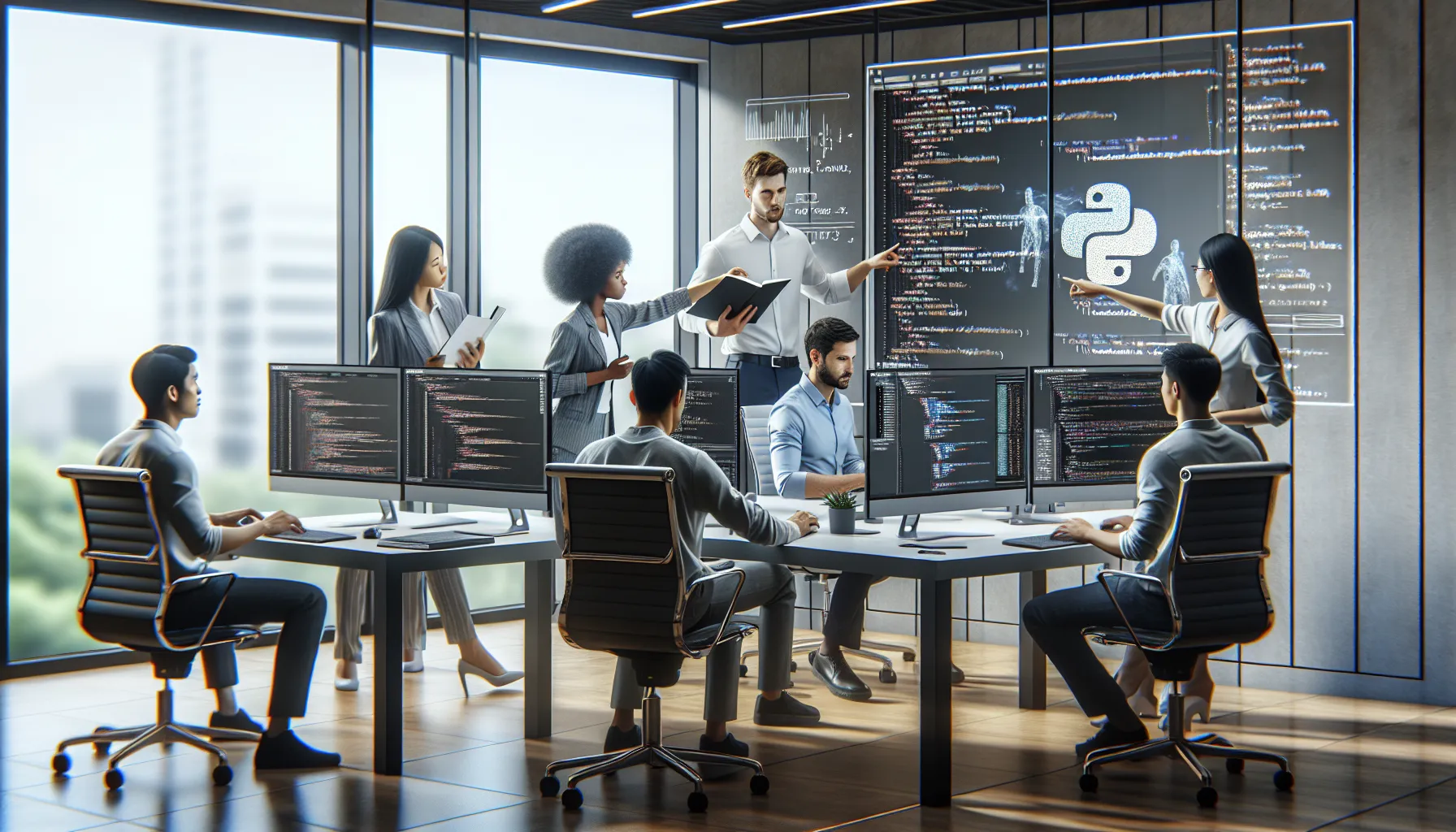 diverse team of developers discussing Python bug solutions.